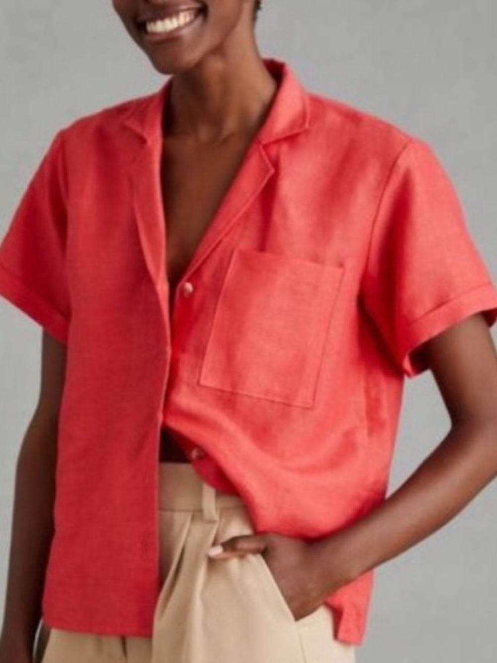 Maeve Linen Blend Coral Classic Surf Shirt Anthro Boxy